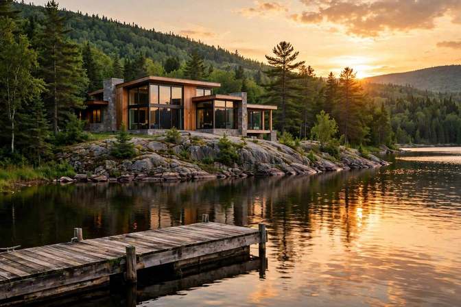 Modern architect-designed luxury waterfront estate at sunset in Ontario cottage country